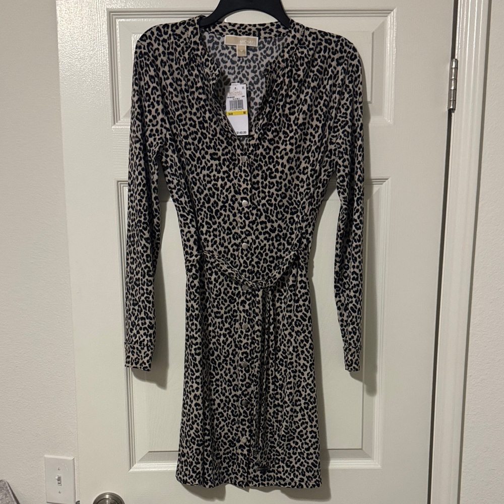 Michael Kors Black and Tan Animal Print Long Sleeve Dress